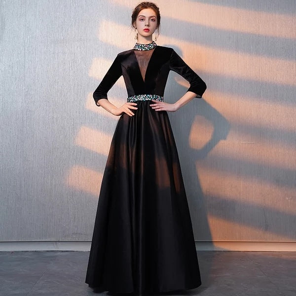 Women's Black Evening Dress Velvet High End Banquet