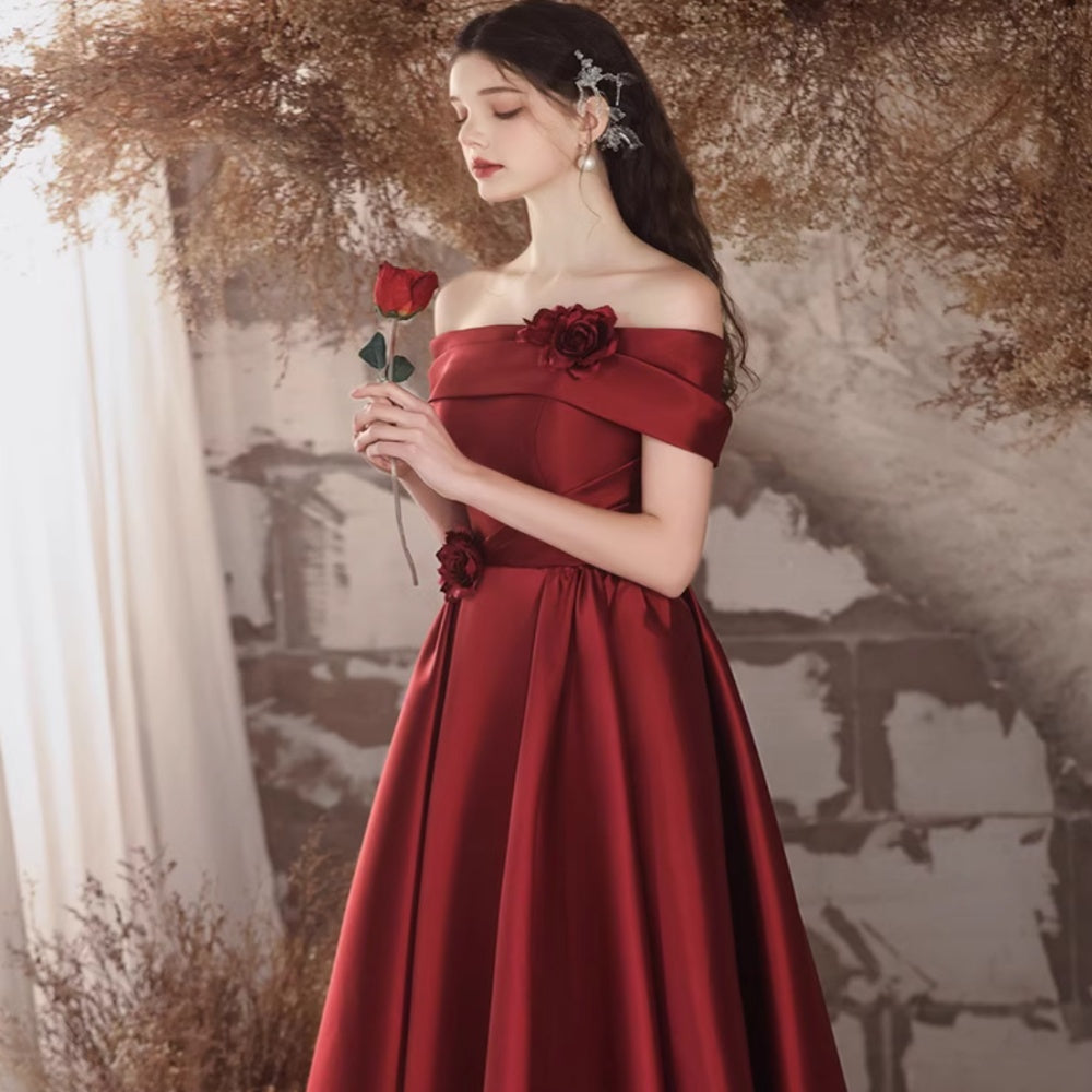 Off-shoulder Satin Toast Wedding Flower Evening Dress