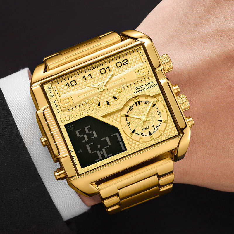 BOAMIGO Top Brand Luxury Fashion Men Watches Gold Stainless Steel Sport Square Digital Analog Big Quartz Watch for Men