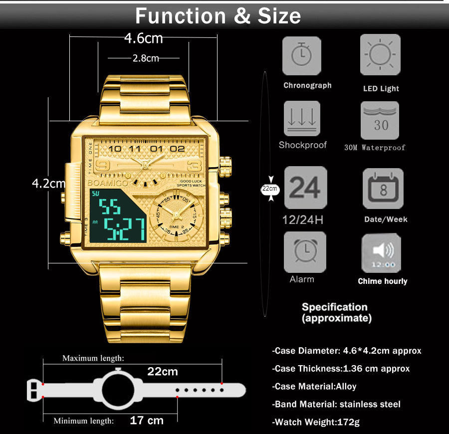 BOAMIGO Top Brand Luxury Fashion Men Watches Gold Stainless Steel Sport Square Digital Analog Big Quartz Watch for Men