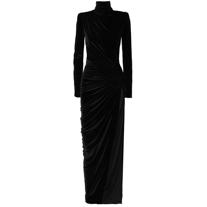 French Style High-Neck Sexy Elegant Retro Velvet Evening Dress