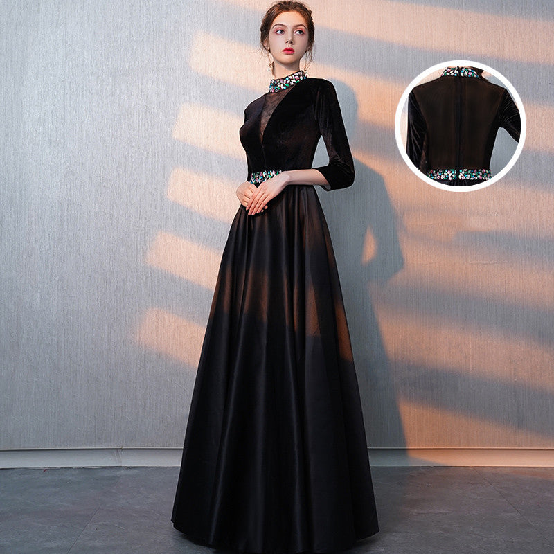Women's Black Evening Dress Velvet High End Banquet
