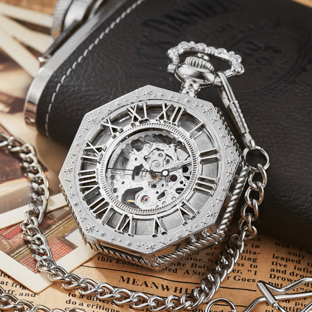 Carved Octagonal Mechanical Pocket Watch Retro Rome Specail Gift