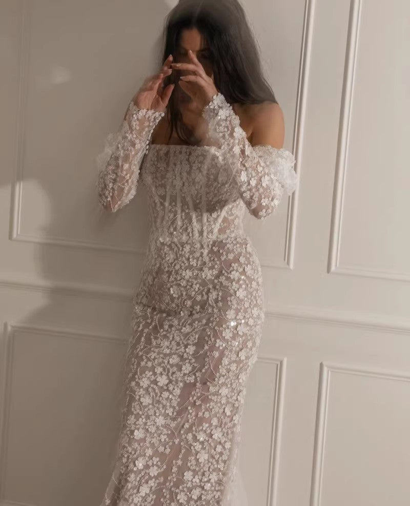 Fishtail Dress Light Wedding Dress Pearl Embroidery Evening Dress