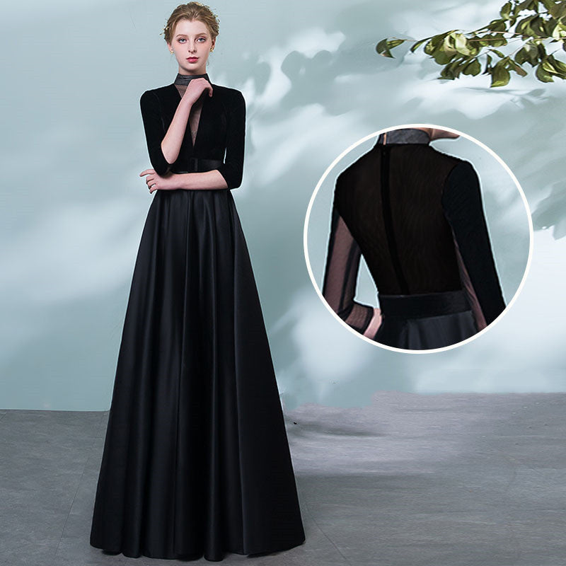Women's Black Evening Dress Velvet High End Banquet