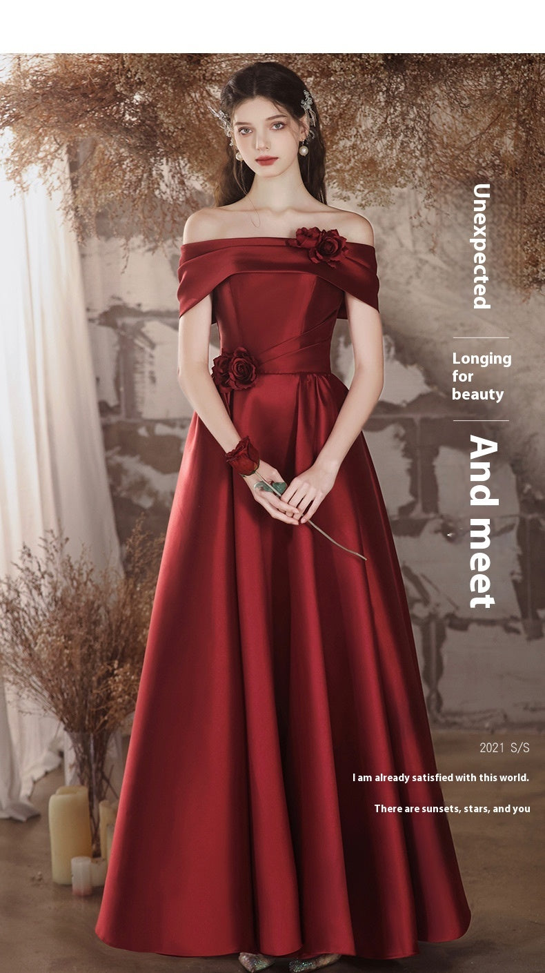 Off-shoulder Satin Toast Wedding Flower Evening Dress