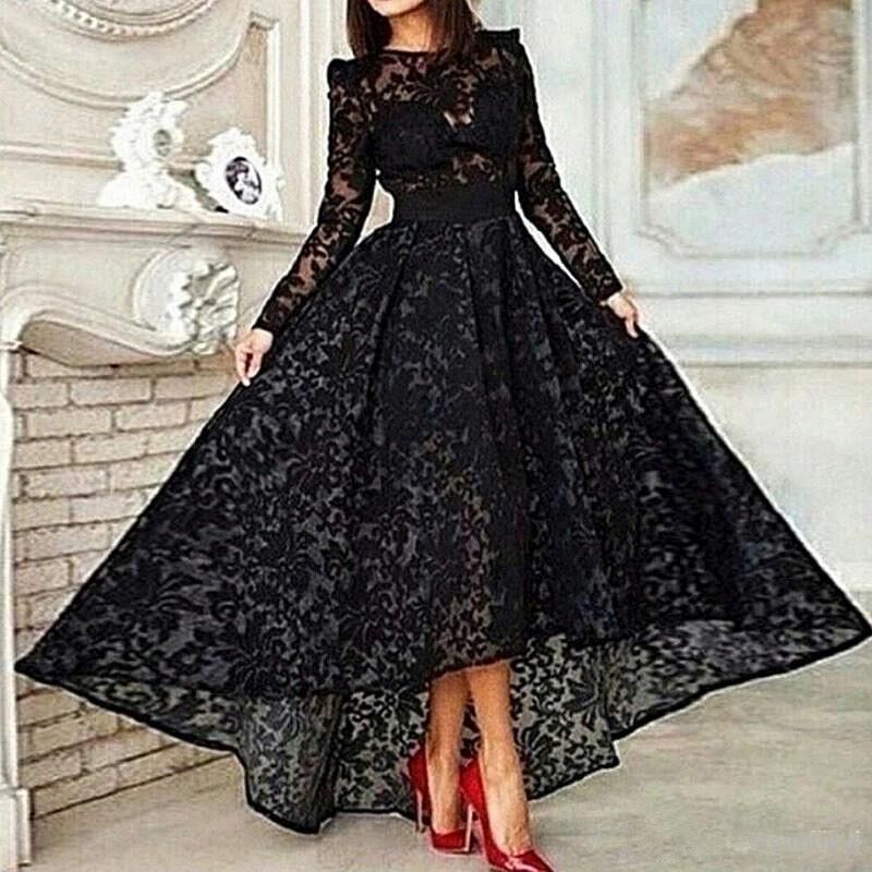 Black Lace Long Sleeve Front Short Back Long Evening Dress