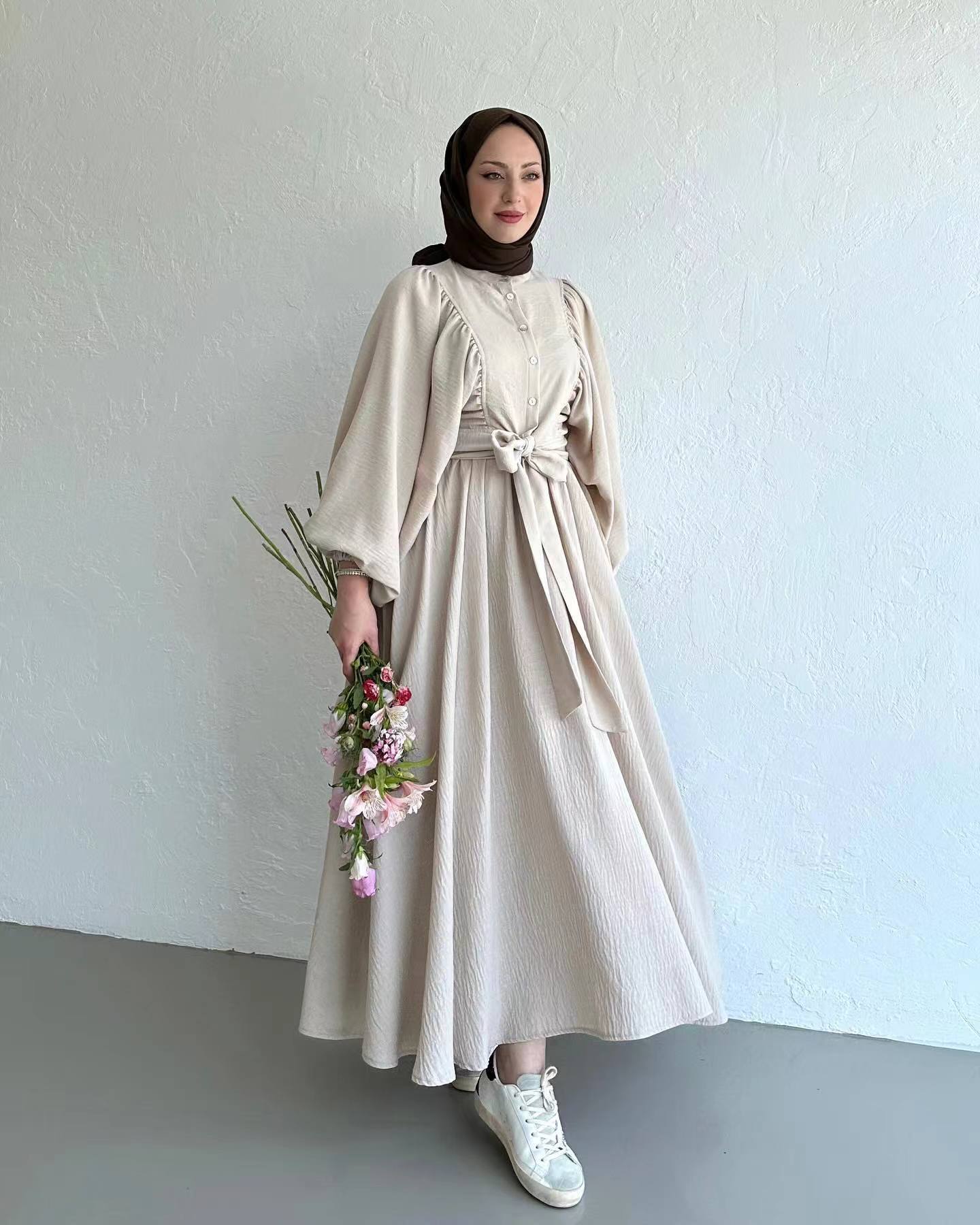 Muslim Fashion Suit Bishop Sleeves Top Swing Mid-length Dress Set