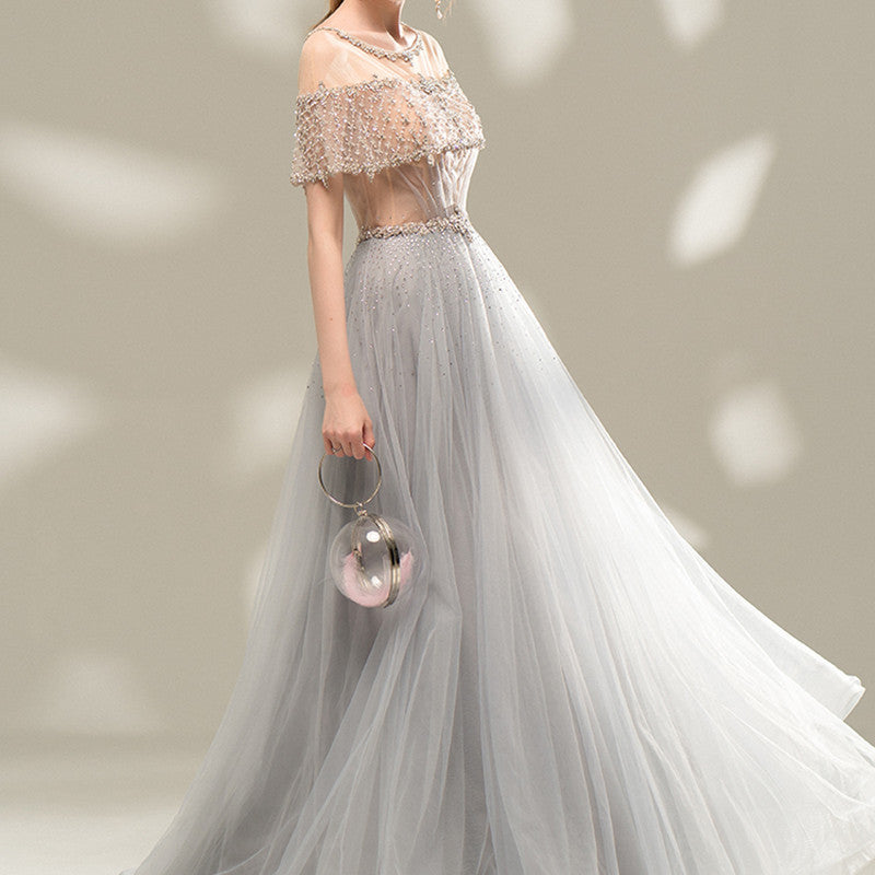 Ladies Evening Dress Gray Long Banquet Temperament