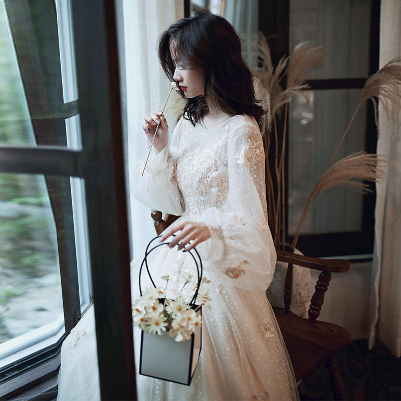 Women's Champagne Light Luxury Long Sleeve Banquet Evening Dress