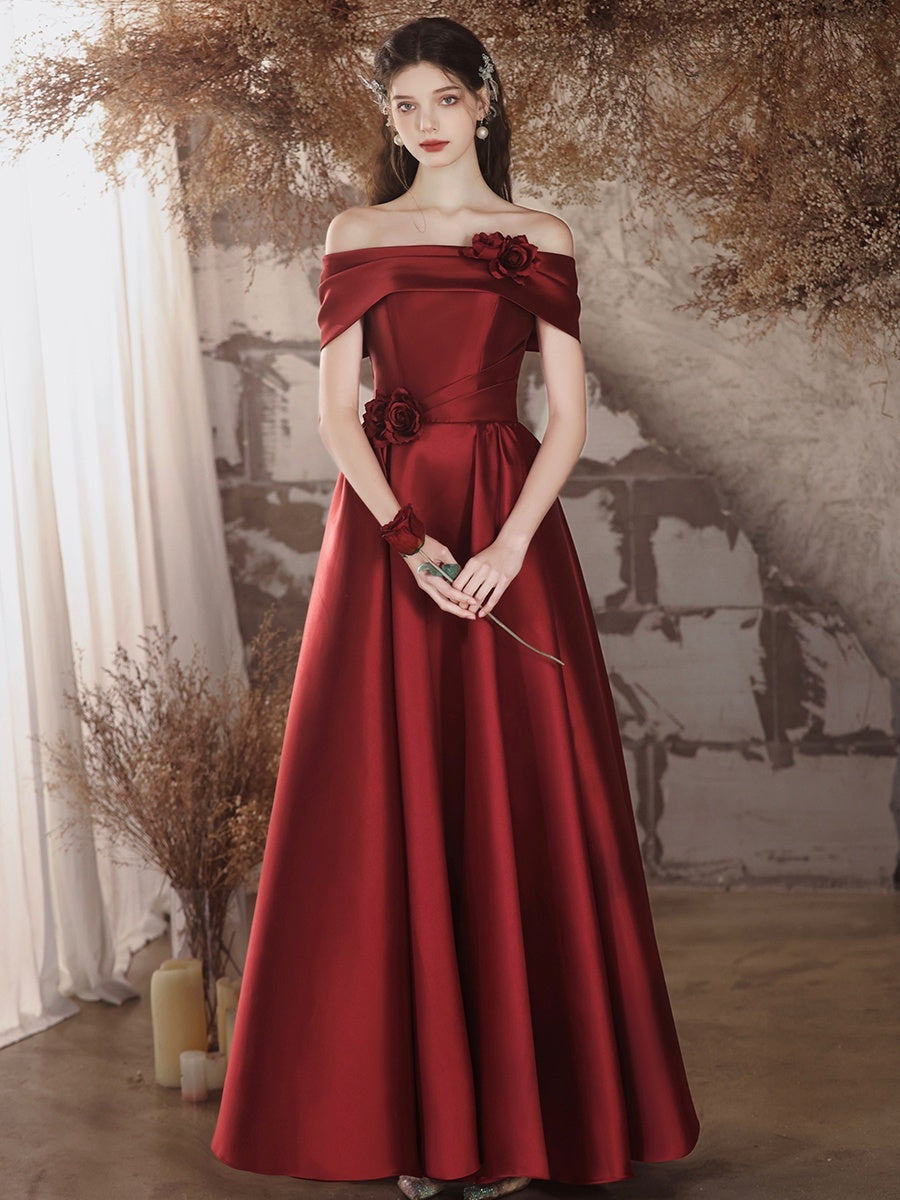 Off-shoulder Satin Toast Wedding Flower Evening Dress