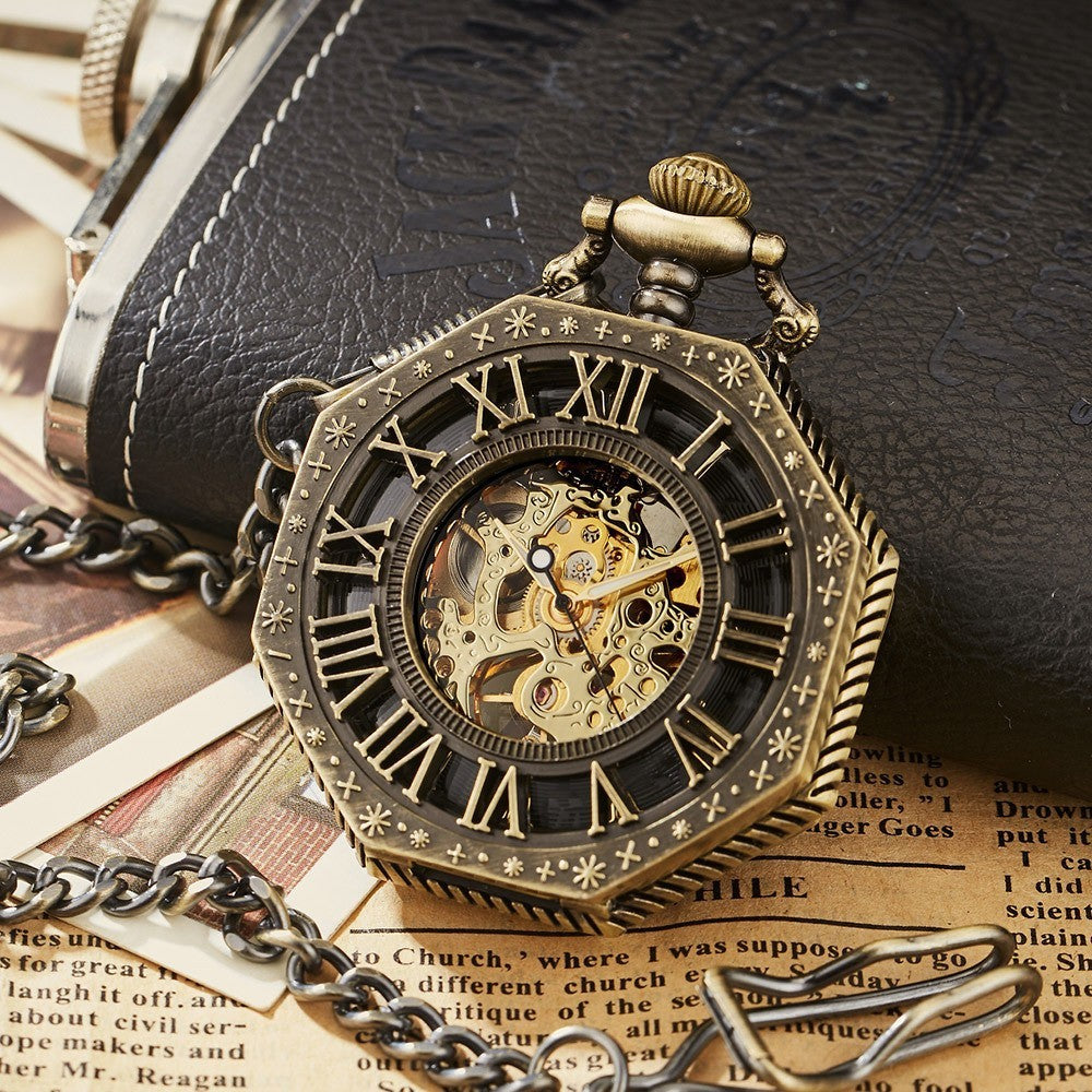 Carved Octagonal Mechanical Pocket Watch Retro Rome Specail Gift
