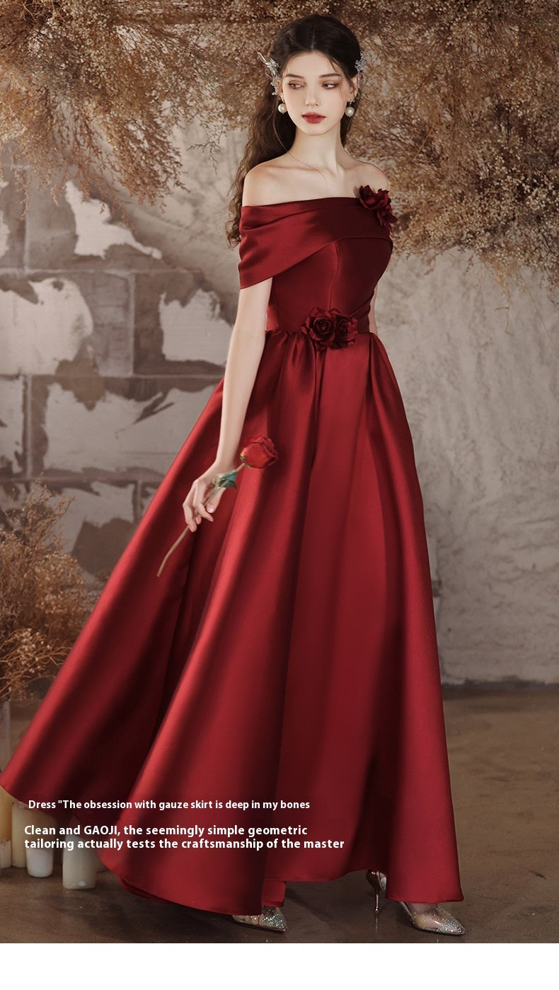 Off-shoulder Satin Toast Wedding Flower Evening Dress