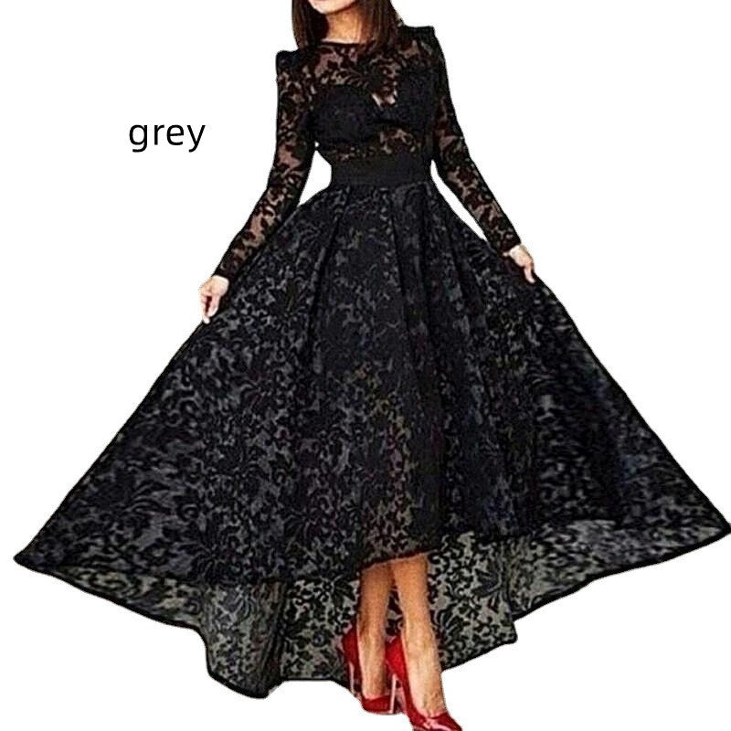 Black Lace Long Sleeve Front Short Back Long Evening Dress