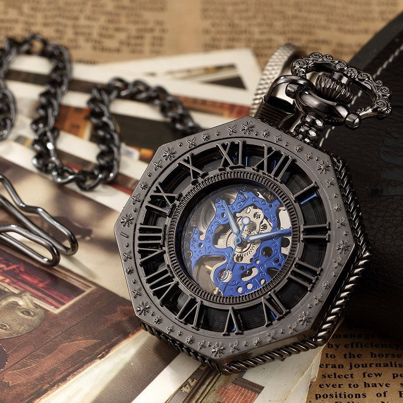 Carved Octagonal Mechanical Pocket Watch Retro Rome Specail Gift