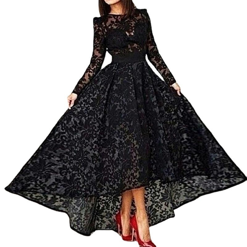 Black Lace Long Sleeve Front Short Back Long Evening Dress