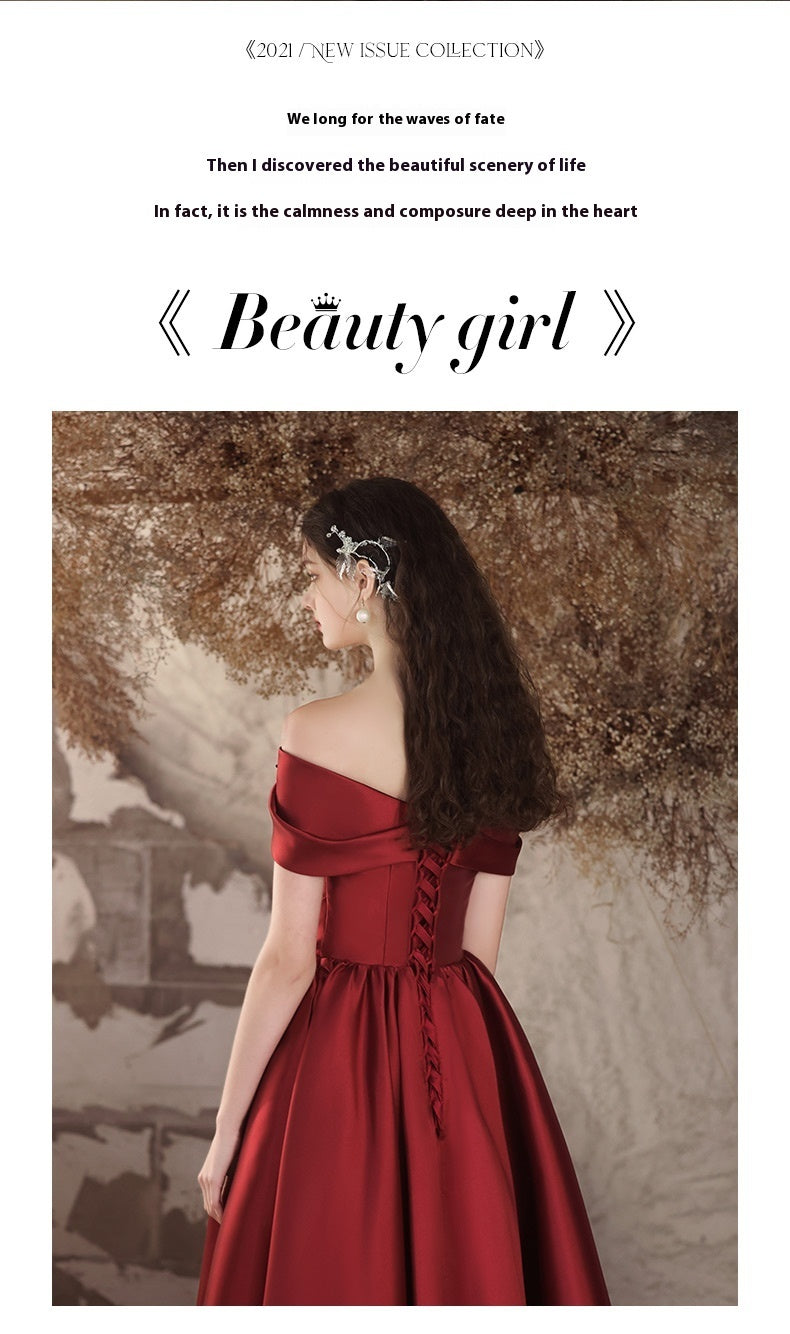 Off-shoulder Satin Toast Wedding Flower Evening Dress