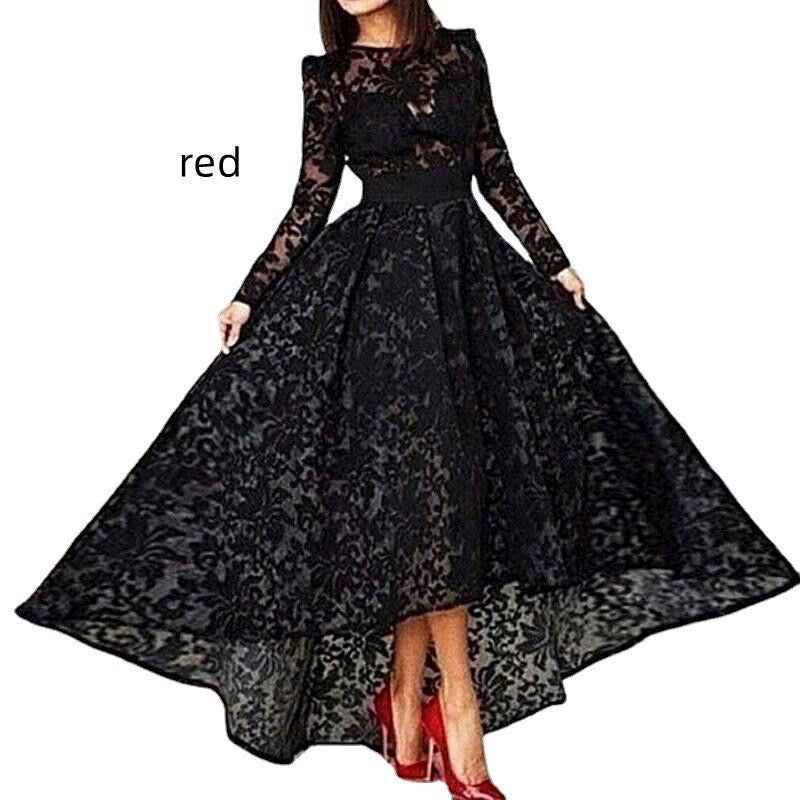 Black Lace Long Sleeve Front Short Back Long Evening Dress