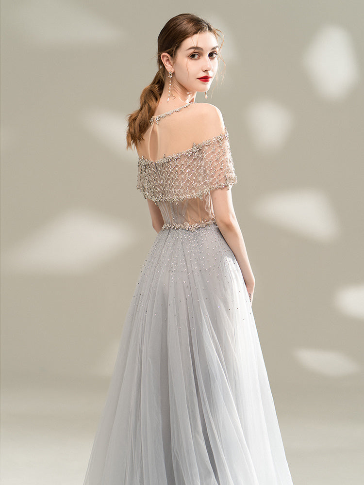 Ladies Evening Dress Gray Long Banquet Temperament