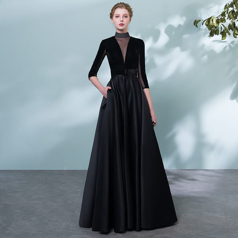 Women's Black Evening Dress Velvet High End Banquet