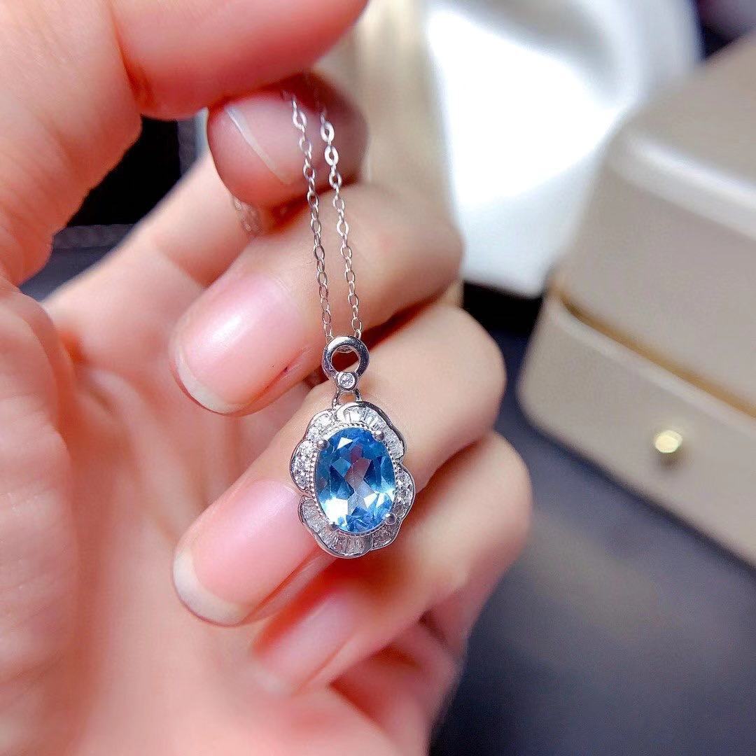 Natural Blue Topaz Set Noble Light Luxury 925 Silver Inlaid Necklace Women's Jewelry