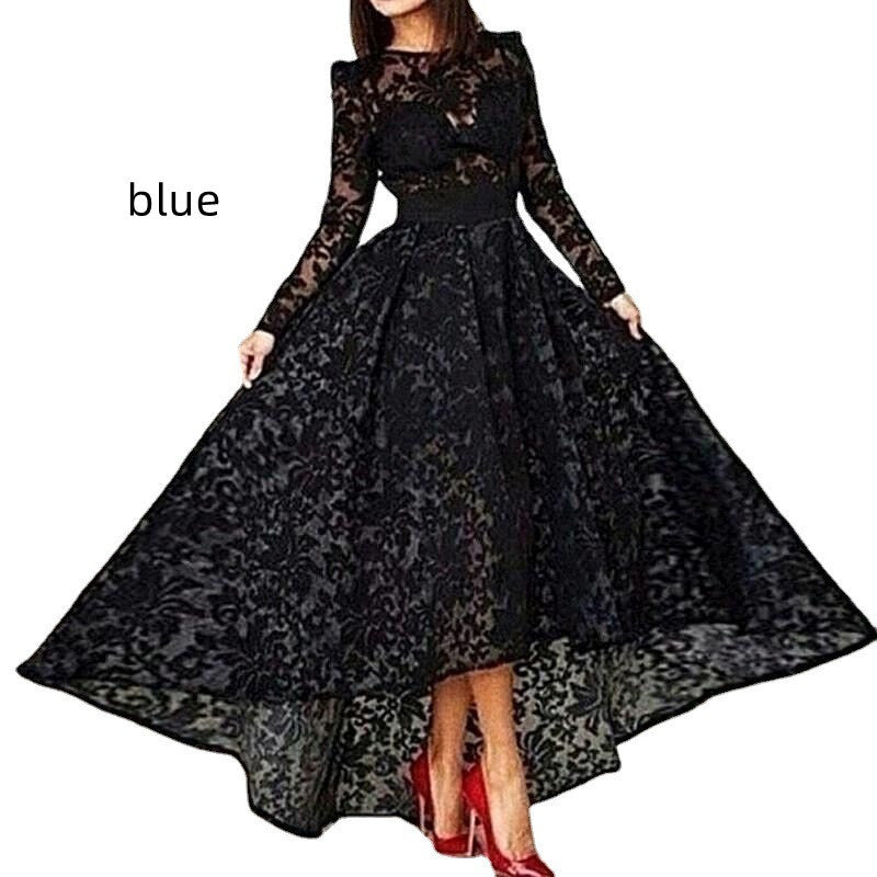 Black Lace Long Sleeve Front Short Back Long Evening Dress