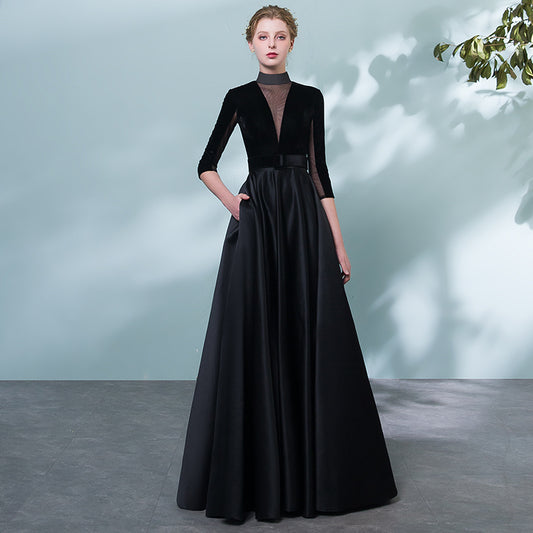Women's Black Evening Dress Velvet High End Banquet
